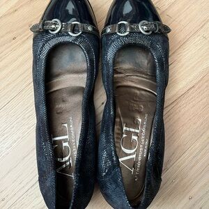 AGL Black Suede Flats with Silver Buckle